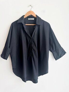 Liviana Conti Black Minimalist Collared Blouse 44/M Oversized